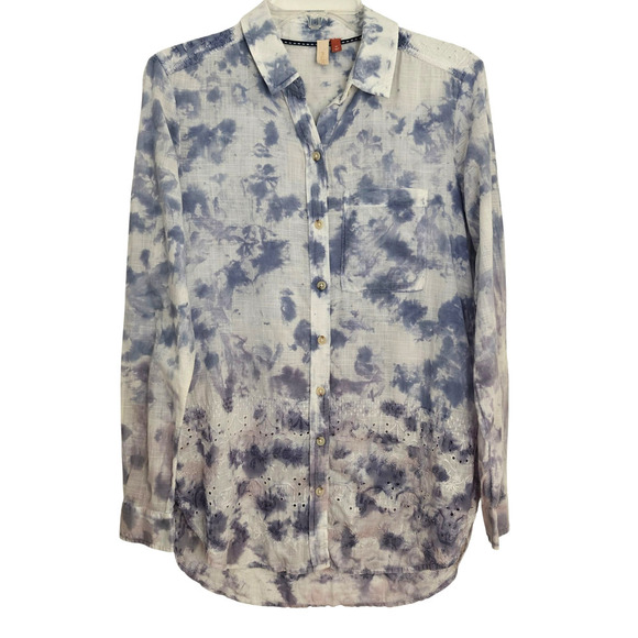 Anthropologie Pilcro Cate Tie Dye Eyelet Button Front Shirt Size XS Blue Purple - Picture 2 of 11